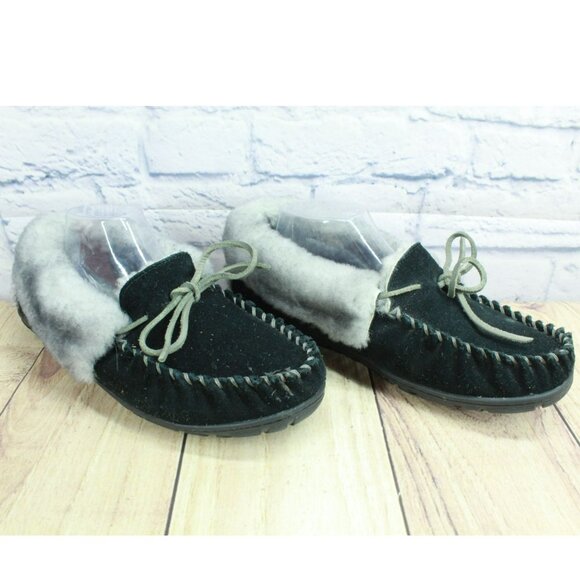 LL Bean Black Suede Wicked Good Shearling Lined Moccasin Slippers Size 10 M - Picture 3 of 8